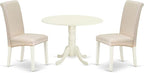 East West Furniture DLBA3-WHI-01 3 Piece Modern Dining Table Set Contains a Round Wooden Table with Dropleaf and 2 Cream Linen Fabric Upholstered Parson Chairs, 42x42 Inch, Linen White