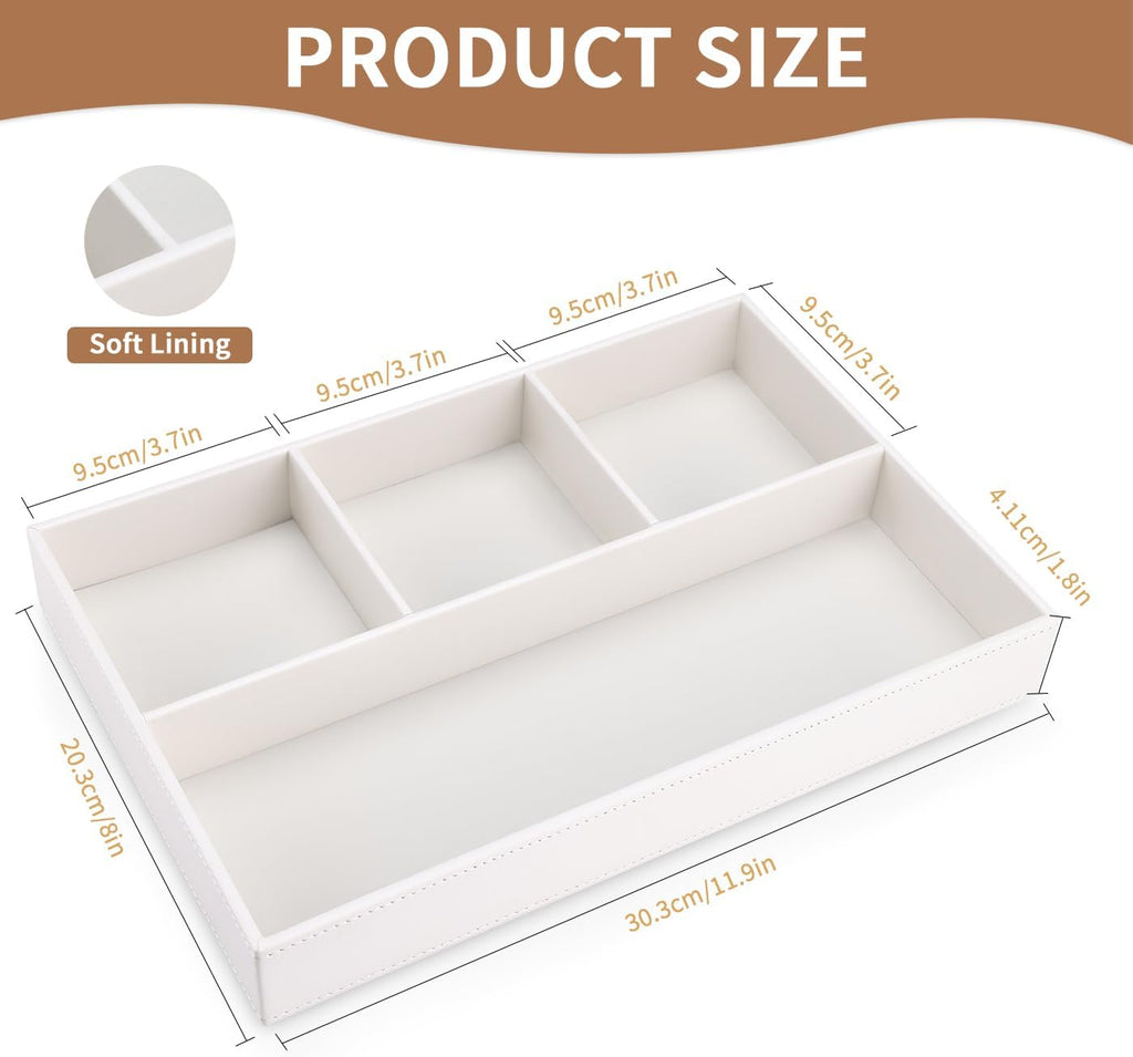 KINGFOM PU Leather Desk Drawer Organizer, 4 Compartment Office Supplies Stationery Storage Tray, Desk Organizers and Accessories Drawer Organizer Tray for Home, Makeup, Jewelry Stackable White