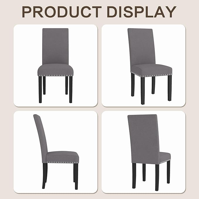 LSSBOUGHT Set of 2 Fabric Upholstered Dining Chair with Nailheads and Sturdy Wooden Legs (Gray, 6PCS)