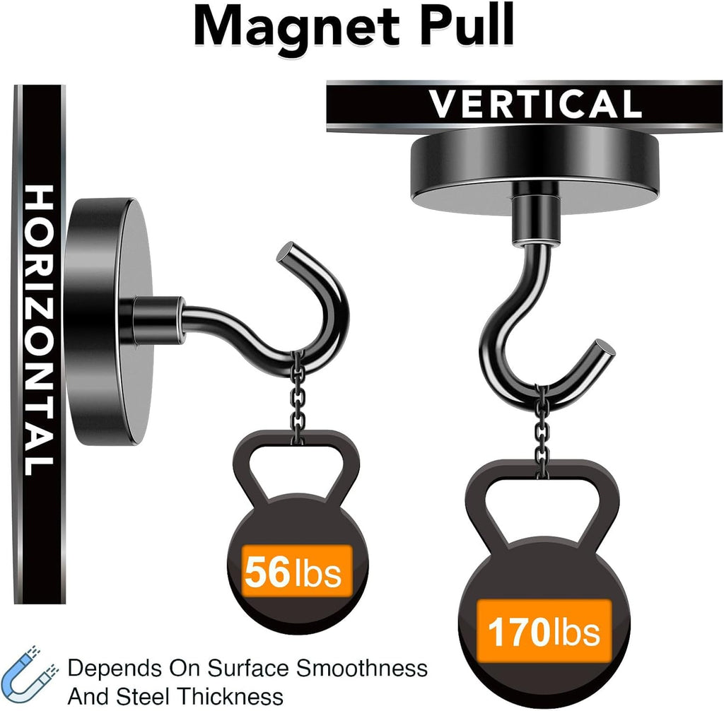 MIKEDE Black Magnetic Hooks Heavy Duty, 170LB+ Strong Neodymium Magnets for Refrigerator, Magnetic Hooks with Epoxy Coating for Hanging, Magnets with Hooks for Cruise, Home, Workplace - 10 Pack