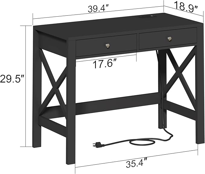 ChooChoo Computer Desk with USB Charging Ports and Power Outlets, 39" Black Desk with Drawers, Small Study Writing Table with Stable X Frame for Home Office