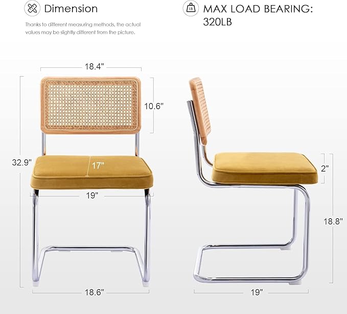 Zesthouse Rattan Dining Chairs Set of 6, Mid Century Modern Dining Room Chairs with Natural Cane Mesh & Chrome Base, Yellow Velvet Cesca Chair, Farmhouse Kitchen Chair with Solid Wood Frame Back