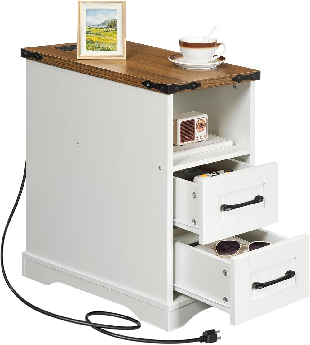 HOOBRO Narrow End Table with Drawers, Farmhouse Nightstand with Charging Stat...
