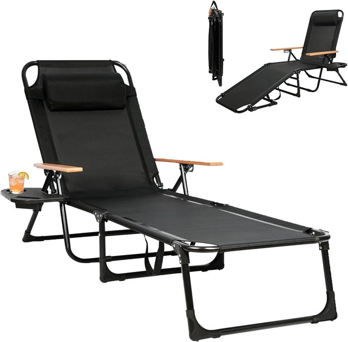 Foldable Lounge Chair, 4-Position Adjustable Outdoor Folding Lounge Chair with Cup Holders and Trays, Sunbathing Chair Portable with Removable Pillow, for Garden, Beach, Patio, Pool (Black)