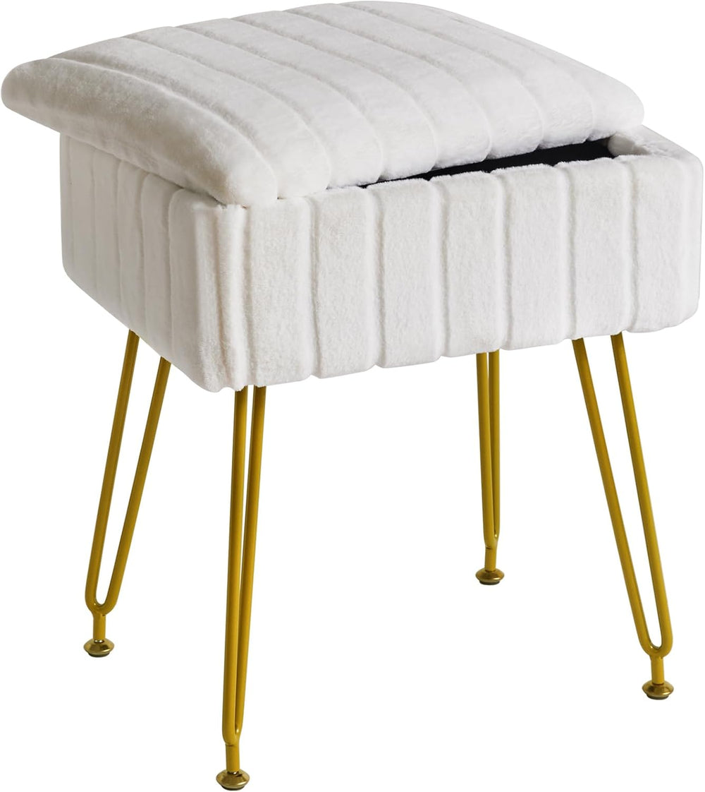 IBUYKE Vanity Chair with Storage, Faux Fur Footrest Ottoman, White LG-50W | S...