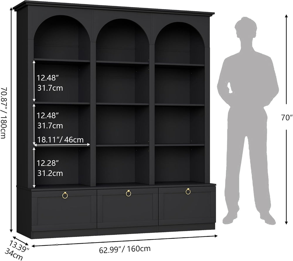 71" Tall Triple Wide Bookshelf with Doors, 5-Tier Large Arched Bookcase