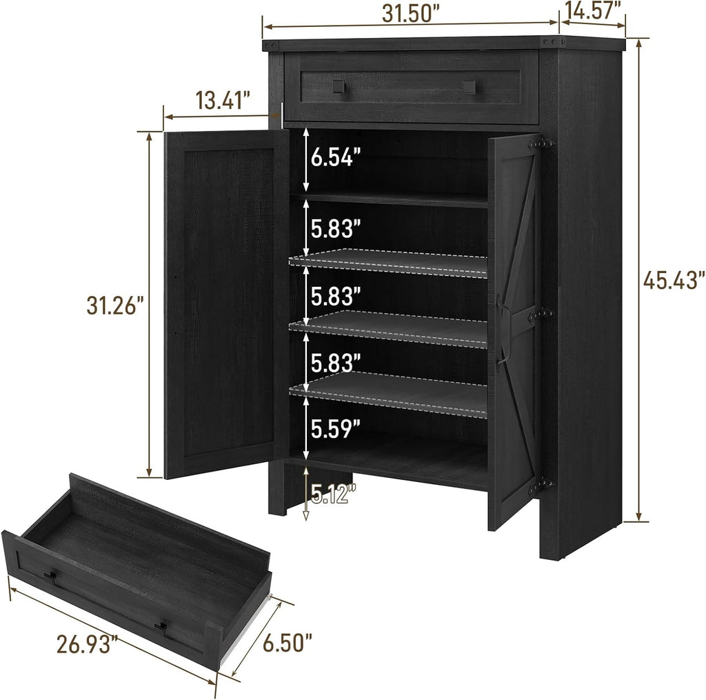 Halitaa Shoe Cabinet, Farmhouse Shoe Storage Organizer, Shoe Storage Cabinet with Doors & Drawer, Boots High-Shoe Cabinet Organizer for Entryway Living Room Hallway, Black