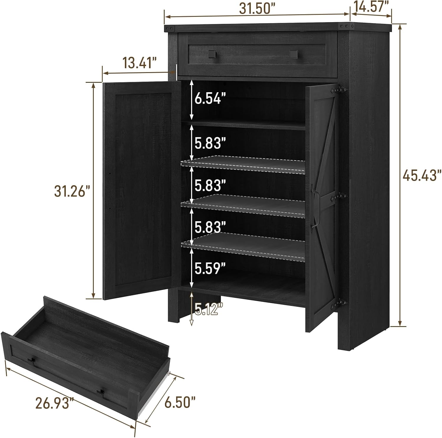Halitaa Shoe Cabinet, Farmhouse Shoe Storage Organizer, Shoe Storage Cabinet with Doors & Drawer, Boots High-Shoe Cabinet Organizer for Entryway Living Room Hallway, Black
