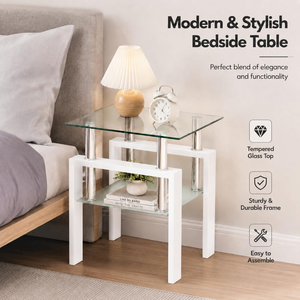 Meihua Tempered Glass End Table, White Modern Square Side Table with Metal Fr...