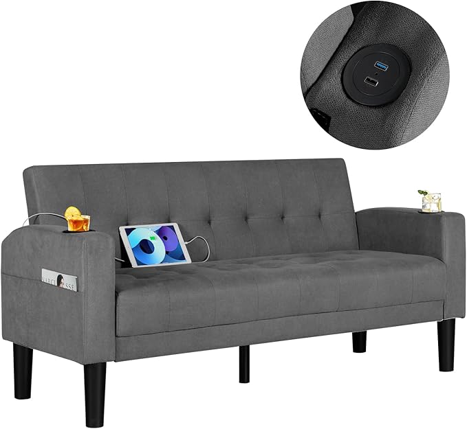 AILEEKISS 62" Loveseat Couches Upholstered Fabric Linen Love Seat Sofas Couch with 2 USB, Cup Holders, Side Pocket, Modern Tufted Sofa for Living Room, Office, Bedroom, Apartment (2-Seat, Dark Grey)