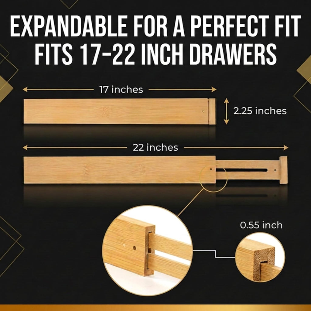 Adjustable Bamboo Drawer Dividers Expandable 8 Pack 17-22 Organizer