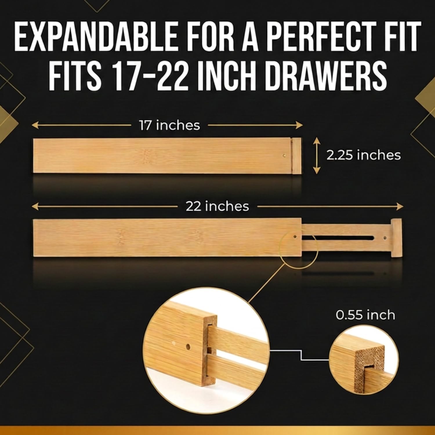 Adjustable Bamboo Drawer Dividers Expandable 8 Pack 17-22 Organizer