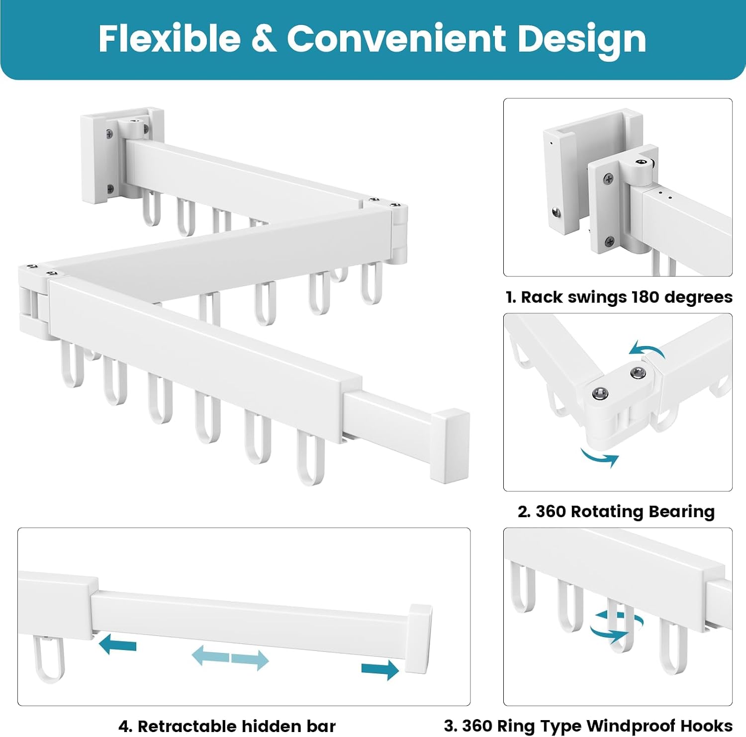 Abiglifty Clothes Drying Rack Wall Mounted, Laundry Drying Rack Collapsible, Foldable & Retractablewith 18 Hooks for Indoor/Outdoor Use inLaundry Room, Bathroom & Balcony (White)