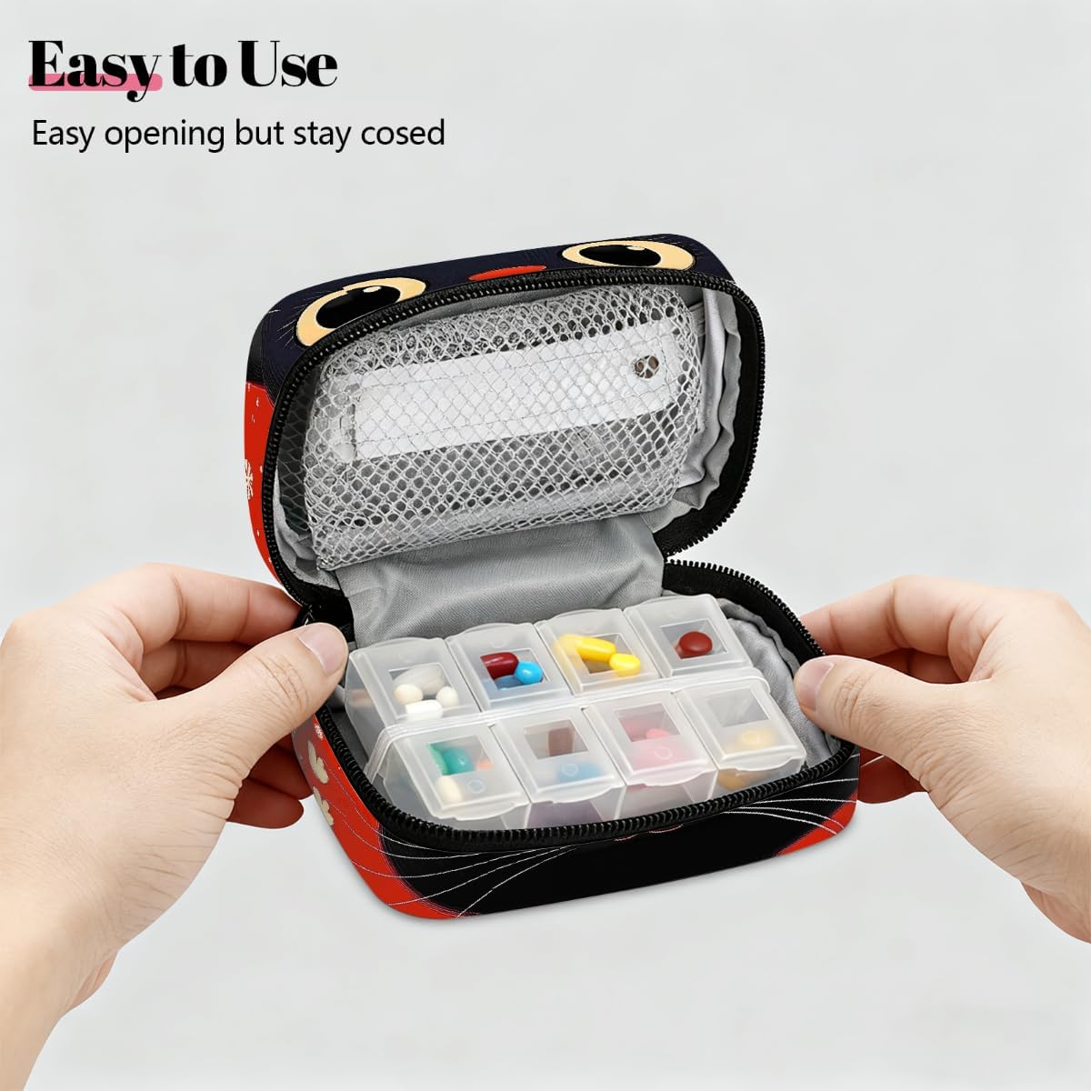 Retro Black Cat Flowers Pill Organizer Travel Medicine Case with Zipper Daily Vitamin Storage Bag Portable 8 Slot Weekly Pill Box Supplement Holder for Home Office Gym Travel