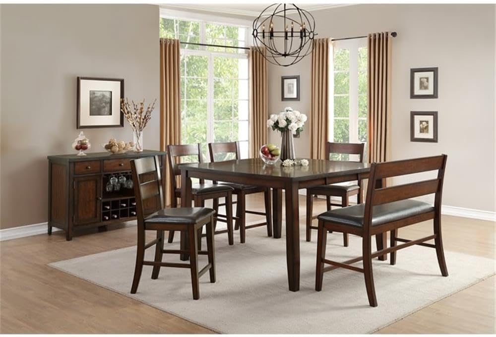MAKLAINE Wood Counter Height Dining Bench with Back, Cherry Finish, Mango Ven...