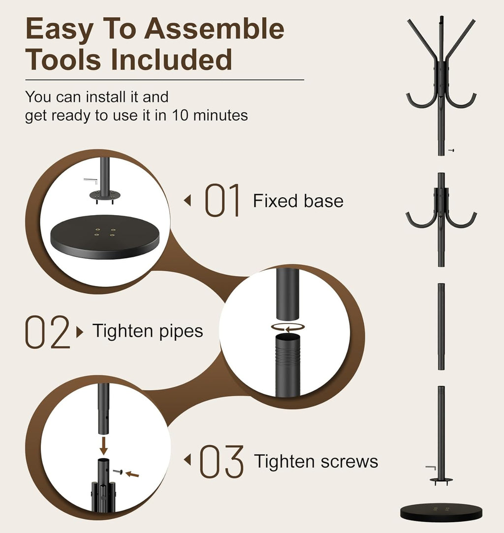 MISSLO Heavy Duty Coat Rack Freestanding with Stable Wood Base Metal Coat Tree with 12 Hooks Coats Hanger Stand Adjustable Clothes Tree for Jackets, Hats, Bags Standing Purse Rack for Bedroom, Office
