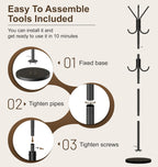 MISSLO Heavy Duty Coat Rack Freestanding with Stable Wood Base Metal Coat Tree with 12 Hooks Coats Hanger Stand Adjustable Clothes Tree for Jackets, Hats, Bags Standing Purse Rack for Bedroom, Office