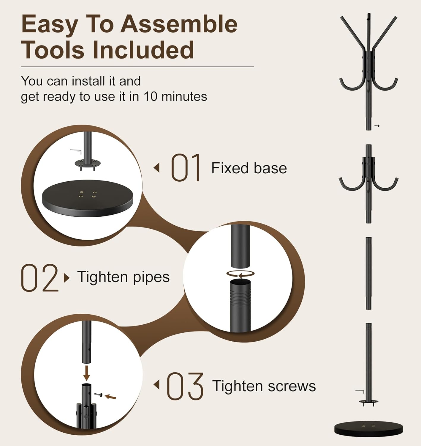 MISSLO Heavy Duty Coat Rack Freestanding with Stable Wood Base Metal Coat Tree with 12 Hooks Coats Hanger Stand Adjustable Clothes Tree for Jackets, Hats, Bags Standing Purse Rack for Bedroom, Office