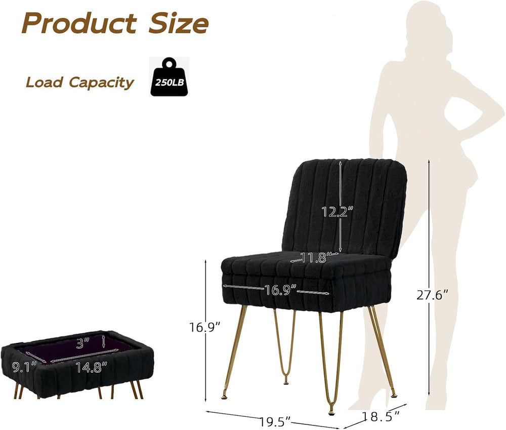 Vanity Chair with Storage | Comfy Ottoman with Folding Back | Faux Fur Vanity...