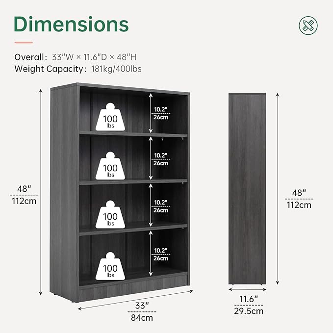 NicBex 48" Heavy Dute Wood Bookcase with Adjustable Shelves, Modern Manga Bookshelf for Living Room, Office, Small Spaces, Manga and Book Shelves Storage, Tip-Over Resistant, 33" Wide Grey