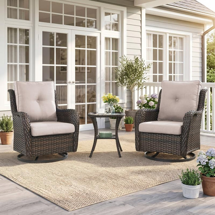 3 Pieces Outdoor Wicker Swivel Rocker Patio Chair with Table, Beige Cushion