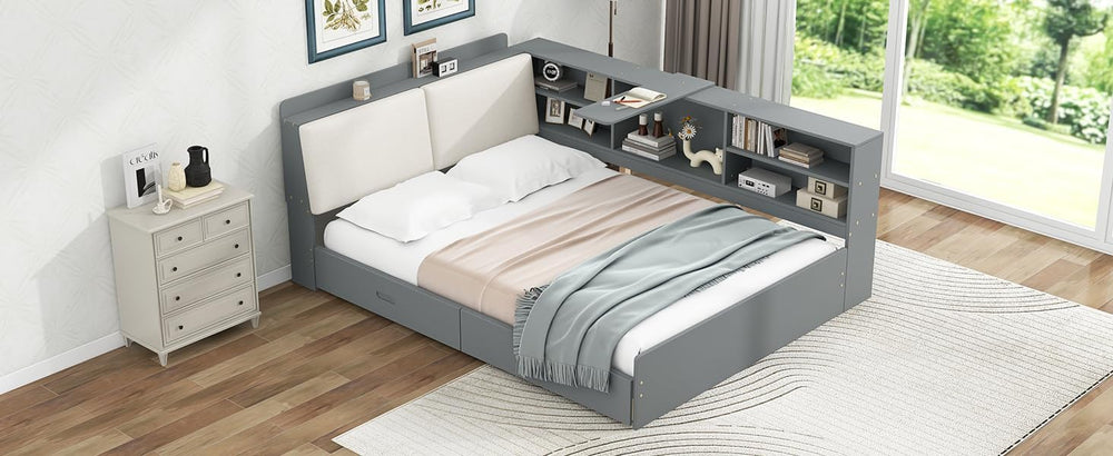 Peanu Full Bed Frame, Storage Headboard, Gray Upholstered Wood
