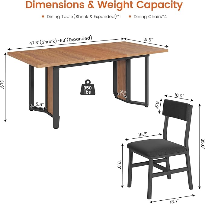Itaar 5-Piece Dining Table Set for 4-6 People, 63" Extendable Kitchen Table and 4 Cushion Chairs, Dining Room Table with MDF Board & Metal Frame for Small Space, Easy Clean, Brown