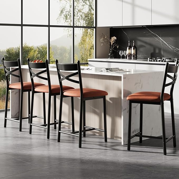 GarveeHome Bar Stools Set of 4, Counter Height Bar Chairs with Back and Thick Cushion, Upholstered Dining Chairs with Padded Seat, Barstools for Kitchen Island, Bar, Dining Room, Modern Brown