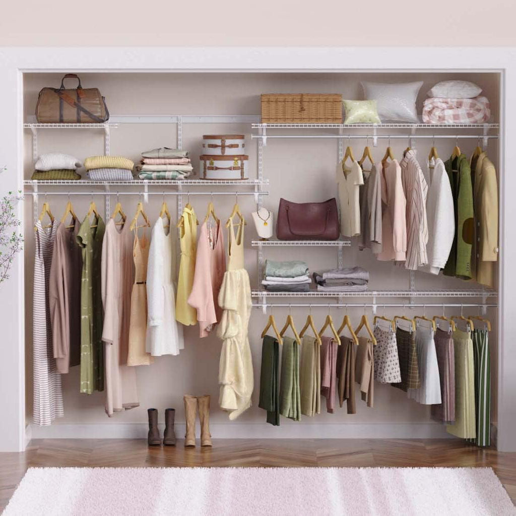 ClosetMaid ShelfTrack Wire Closet Organizer System, Adjustable from 7 to 10 Ft., With Shelves, Clothes Rods, Hardware, Durable Steel, White