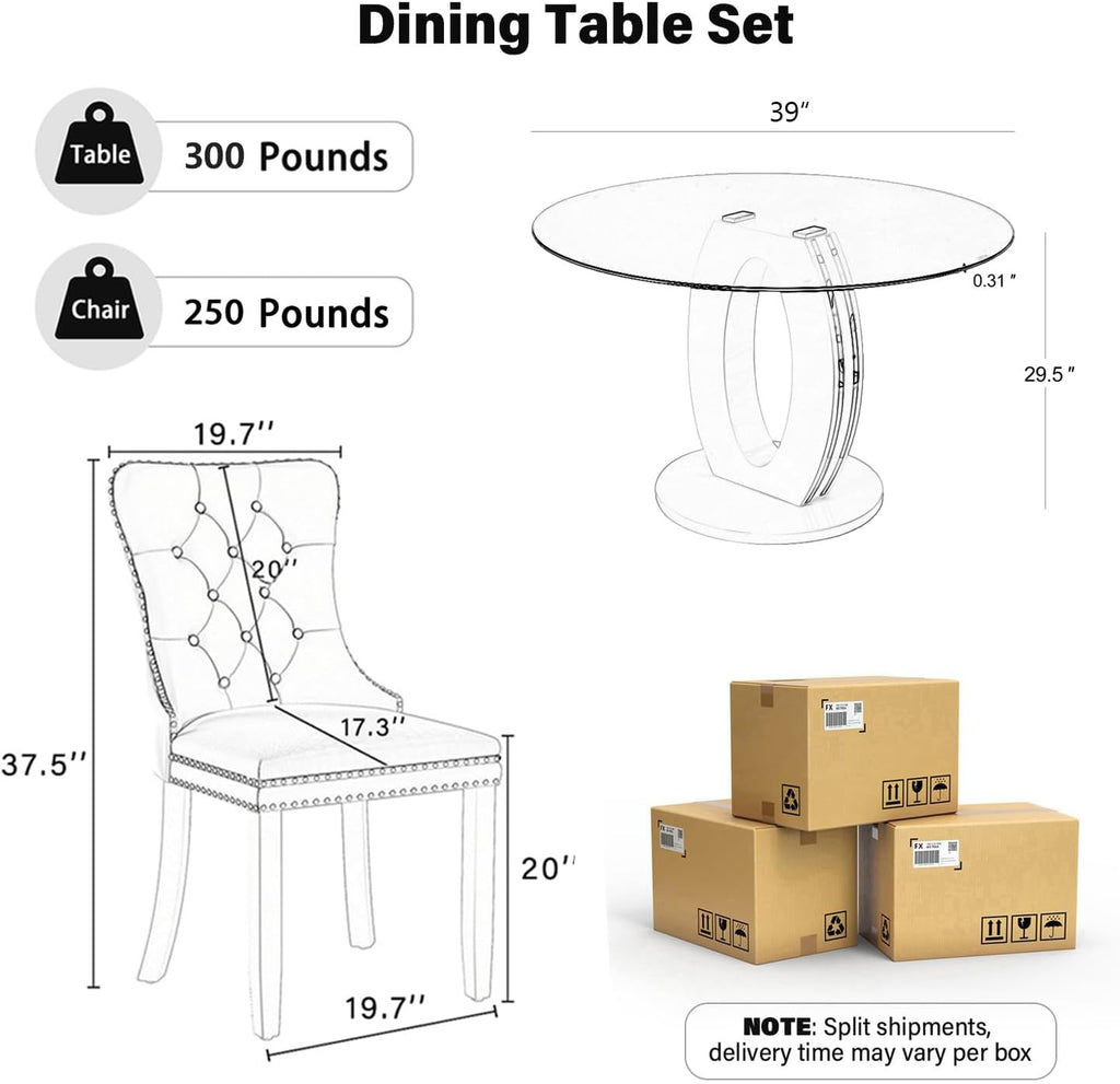 RGZ Modern 39" Clear Glass Round Dining Table Set, 5 PCS Luxury Circle Glass Top Kitchen Table with Gold Decorative Strips & 4 Black High-end Tufted Chairs for Apartment Home Dining(Black Base)
