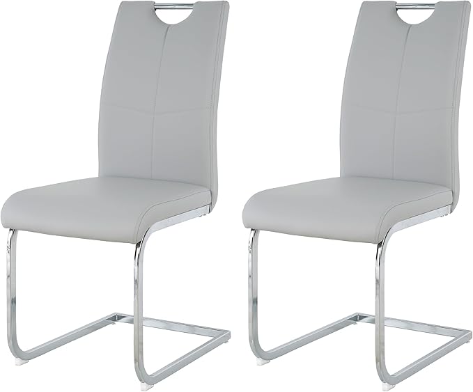 Goujxcy Dining Chairs Set of 2, Modern High Back Kitchen Chairs with Metal Legs and Faux Leather Padded Seat Upholstered Dining Chairs for Dining & Kitchen,Living Room (Light Gray&Silver, Set of 2)