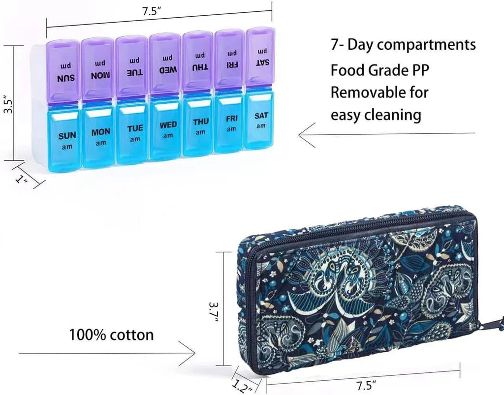 Weekly Pill Organizer 2 Times a Day, Zumd Pill Box 7 Day with Cute Quilted Fabric Zipper Case, Travel Pill Case Am Pm for Vitamin Medicine Organizer
