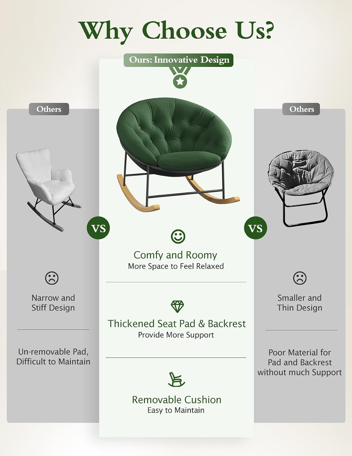 Kidirect Wide Rocking Chair Nursery, Comfy Saucer Nursery Rocking Chairs with Removable Cushion, Indoor Papasan Nursing Chair for Breastfeeding, Mecedora Para Adultos for Living Room & Bedroom (Green)