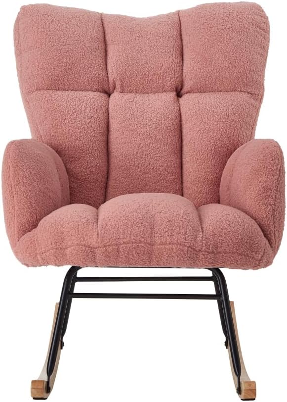 Tufted Upholstered Teddy Fabric Glider Rocking Chair with Metal Frame, Ergono...