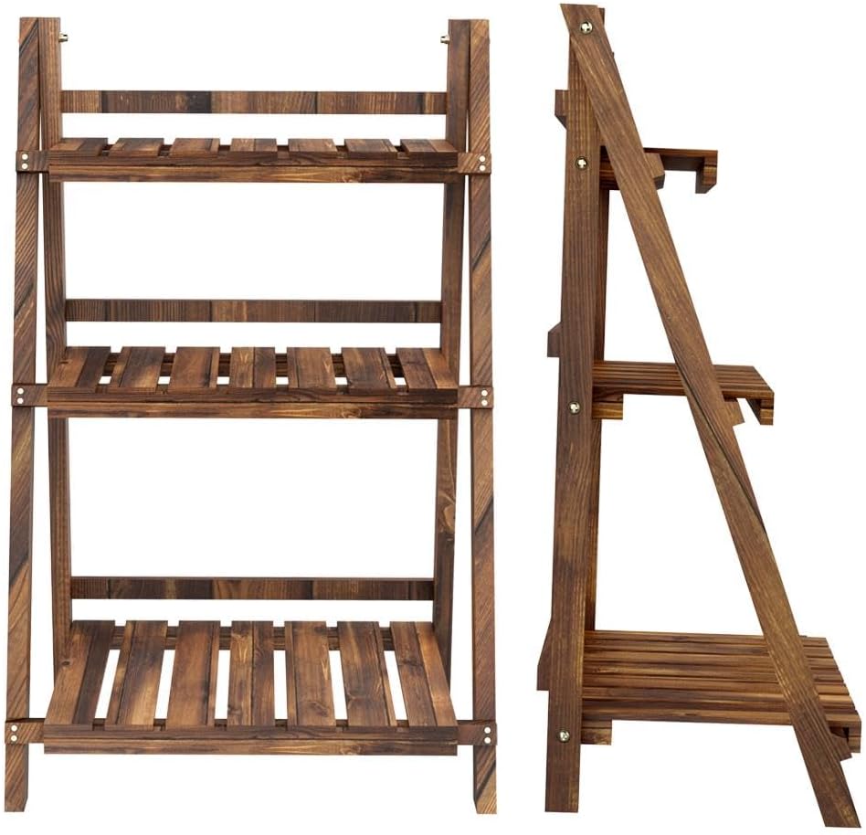 Yaheetech Wooden Plant Stand, 3 Tier Plant Stand, Foldable Ladder Shelves | Ladder Plant Stand & Outdoor Plant Shelf with Wall-Leaning Design for Living Room, Bedroom, Balcony or Patio; Simple Assembly