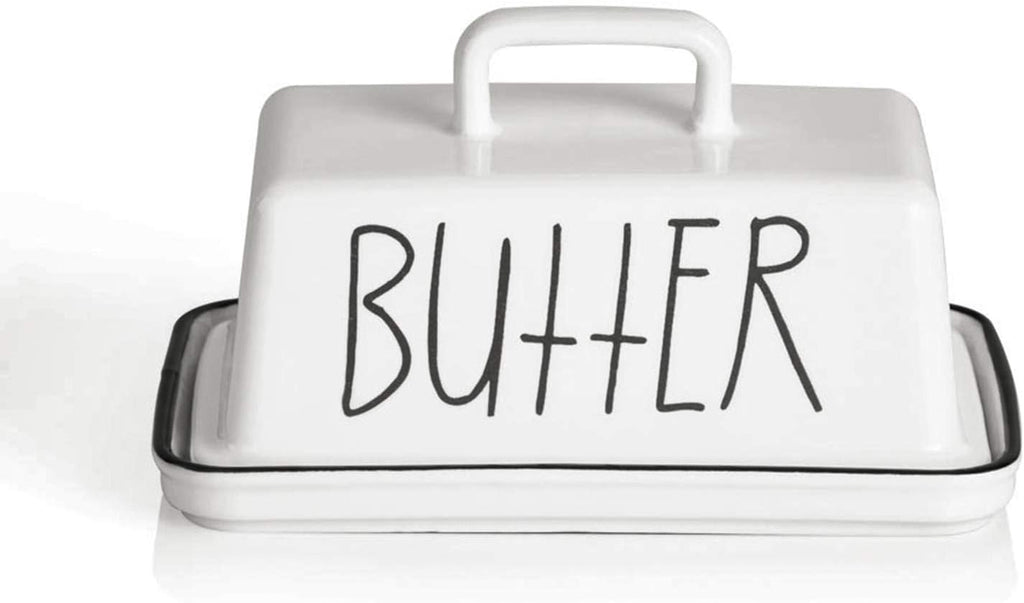 Sweejar Ceramic Butter Dish with Handle Lid, 7.3 Inch Porcelain Large Butter Keeper with Cover, Perfect for East/West Butter (White)