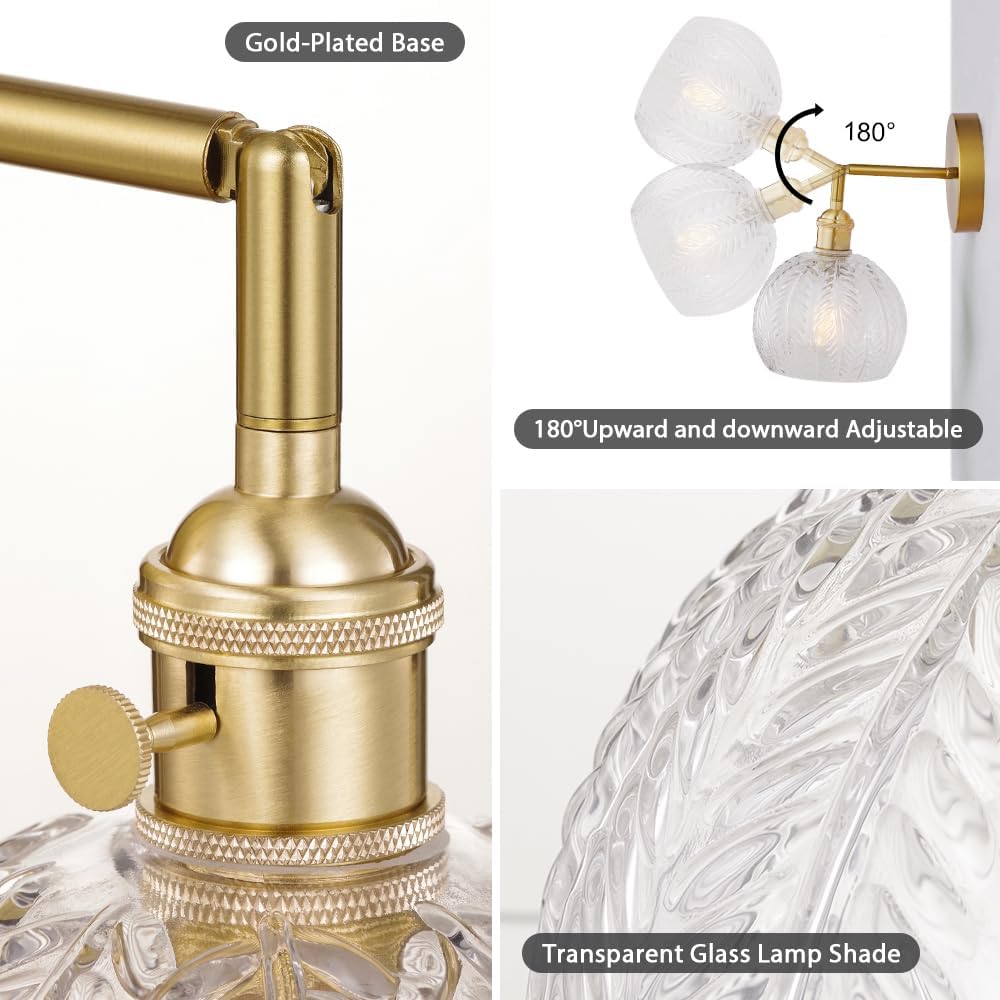 Cerdeco Vintage Indoor Wall Sconce, Transparent Leaf Glass, Gold Base