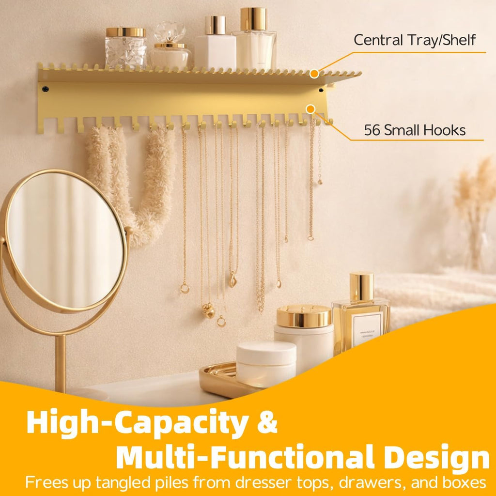 Necklace Jewelry Holder Wall Hanging Organizer Hangers Storage Mounted Shelf with 56 Hooks Tray Display Girls Women Metal Door Earring Mount Key Chains Rack (Gold)