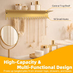 Necklace Jewelry Holder Wall Hanging Organizer Hangers Storage Mounted Shelf with 56 Hooks Tray Display Girls Women Metal Door Earring Mount Key Chains Rack (Gold)
