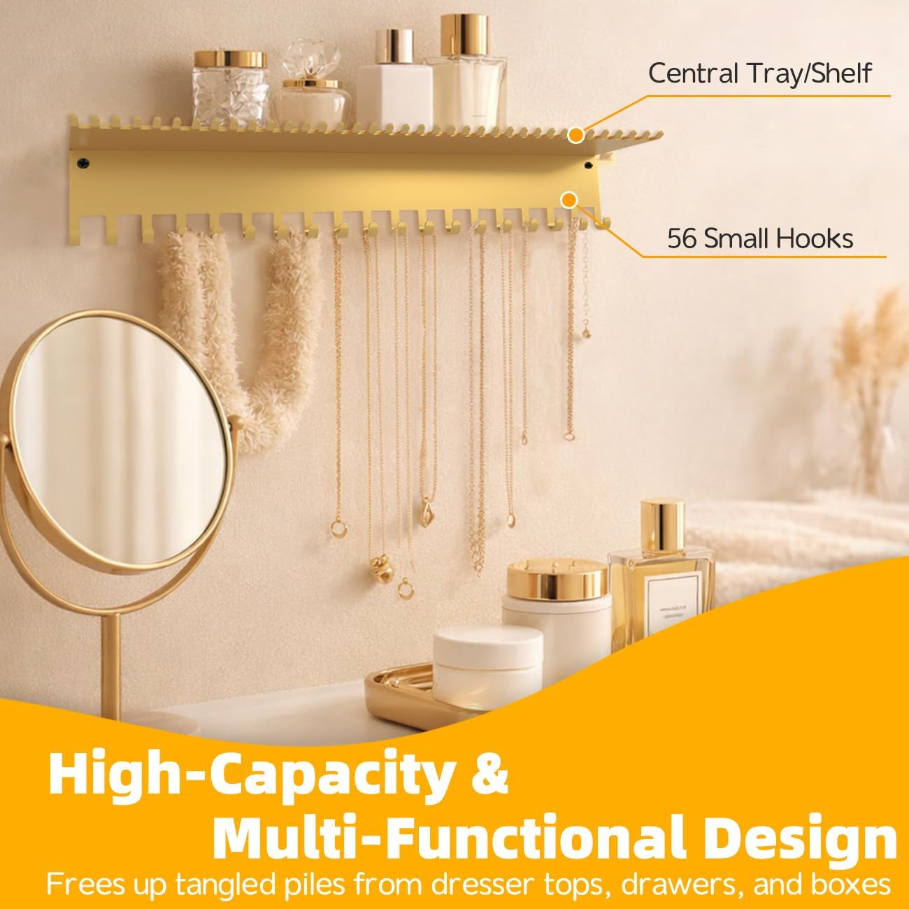 Necklace Jewelry Holder Wall Hanging Organizer Hangers Storage Mounted Shelf with 56 Hooks Tray Display Girls Women Metal Door Earring Mount Key Chains Rack (Gold)