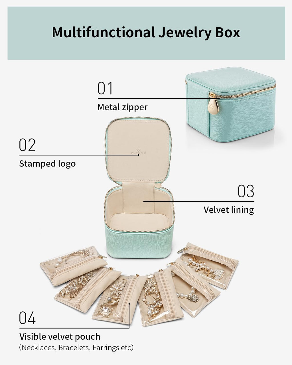 Vlando Travel Jewelry Box for Women Faux Leather Jewelry Box with 6 Velvet Jewelry Zipper Pockets Earrings Necklace Rings Storage Boxes Christmas Gift for Mom Wife(Lake Blue)