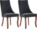 Linen Dining Chairs Set of 2，Fabric Channel Tufted Kitchen Chairs, Upholstered Accent Chairs with Curved Solid Wood Legs, Comfortable Dining Chair for Dining Room, (Black, 2pc)
