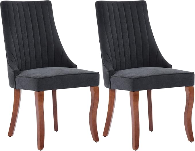 Linen Dining Chairs Set of 2，Fabric Channel Tufted Kitchen Chairs, Upholstered Accent Chairs with Curved Solid Wood Legs, Comfortable Dining Chair for Dining Room, (Black, 2pc)