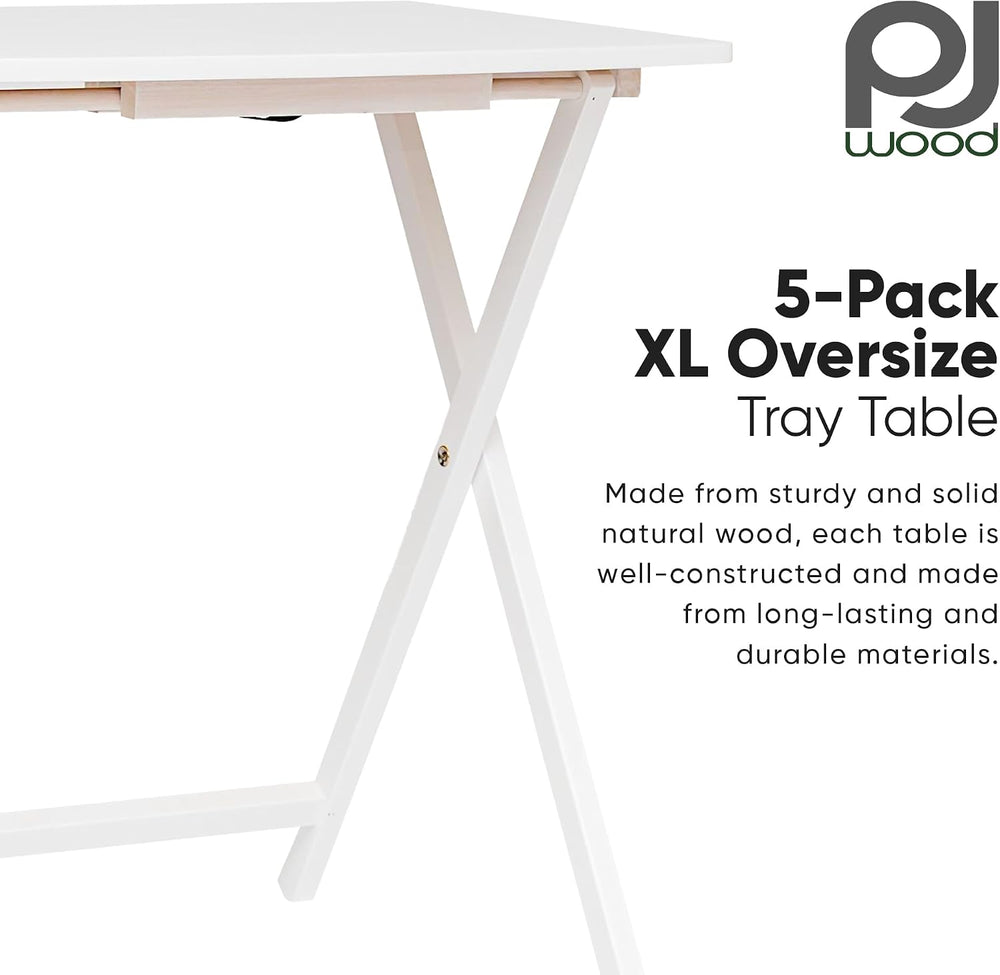 PJ Wood - 5 Pack XL TV Tray Tables - White Wood Set | Large Size, Rectangular...