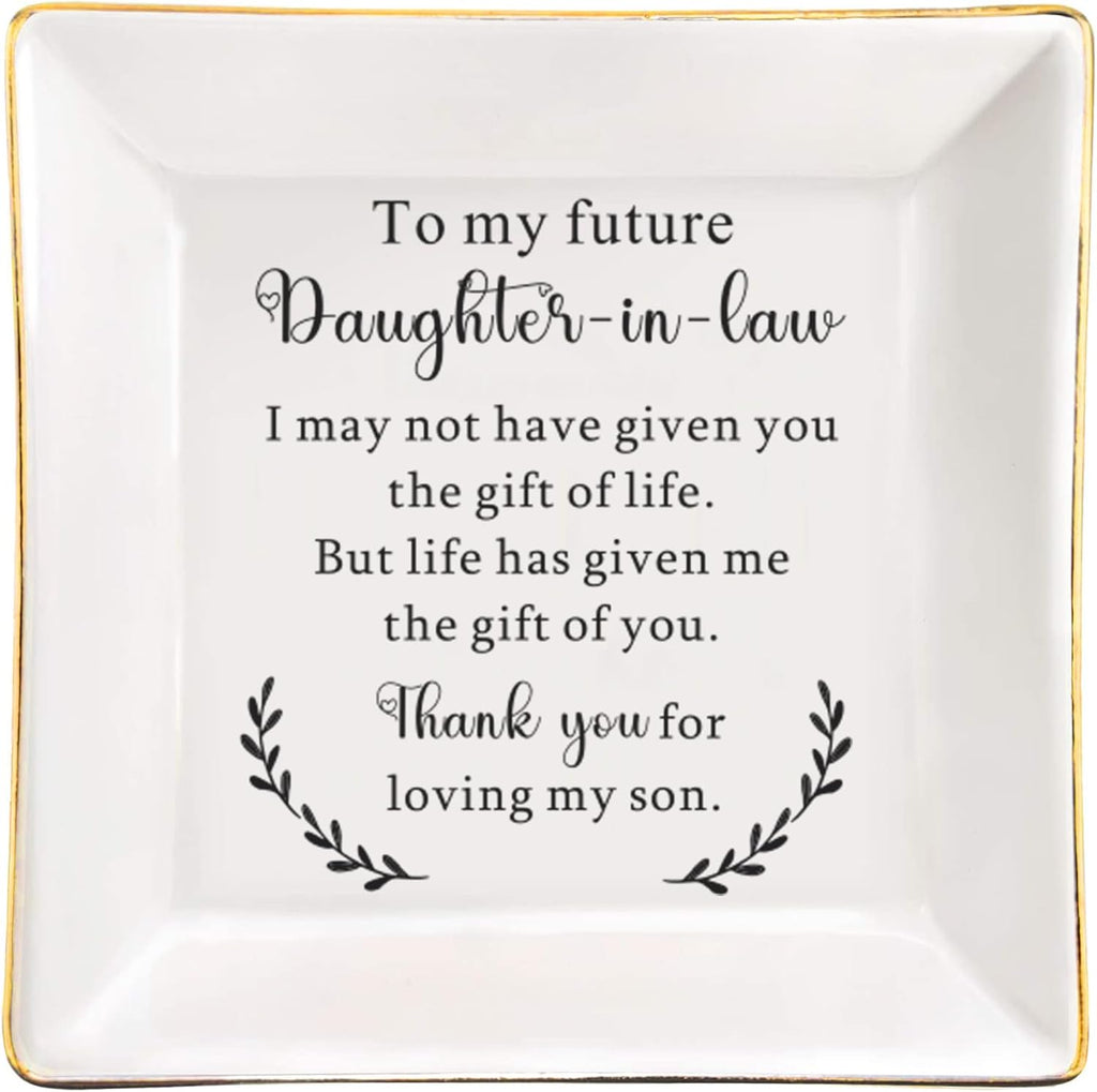 To My Future Daughter in Law Gifts, Daughter in Law Ceramic Ring Dish, Daughter in law Wedding Present from Mother In Law, Bonus Daughters Jewelry Holder for Birthday, Wedding, & Special Occasion