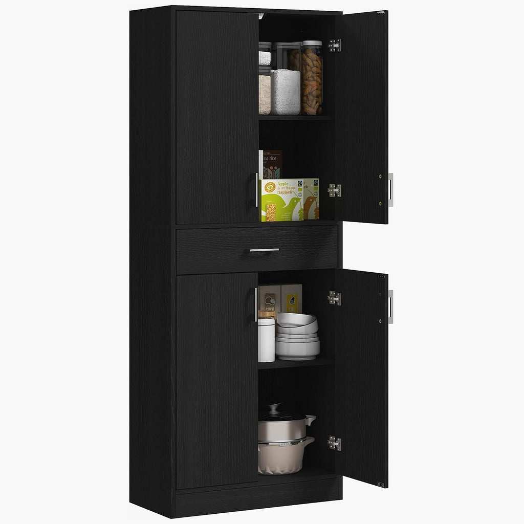 71" Kitchen Pantry, Freestanding Storage Cabinet with Drawer and Adjustable Shelf, 2 Double Door Cupboards, Black, Easy to Maintain, for Dining Room