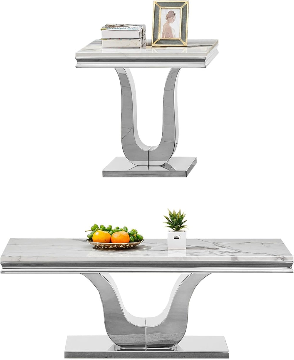Modern Elegant 2-Piece Living Room Table Set with Faux Marble Top | Includes ...