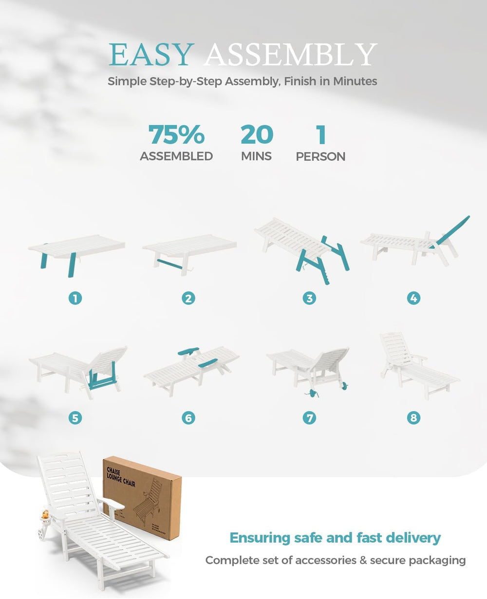 Ciokea Outdoor Chaise Lounge Chair, 5-Position Adjustable, White | HDPE All-W...