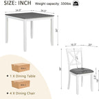 KEIKI 5-Piece Standard Height Dining Table Set with Square Table and 4 X-Shaped Backrest Upholstered Chair, for 4 Person, Modern Wooden Table Set, Easy Assembly, for Kitchen, Dining Room, White+Gray