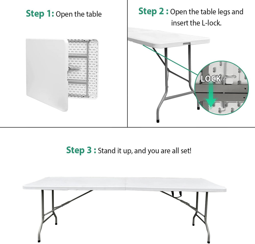 8ft Folding Table Heavy Duty 8 Foot Portable Foldable Table | Carry Handle, F...
